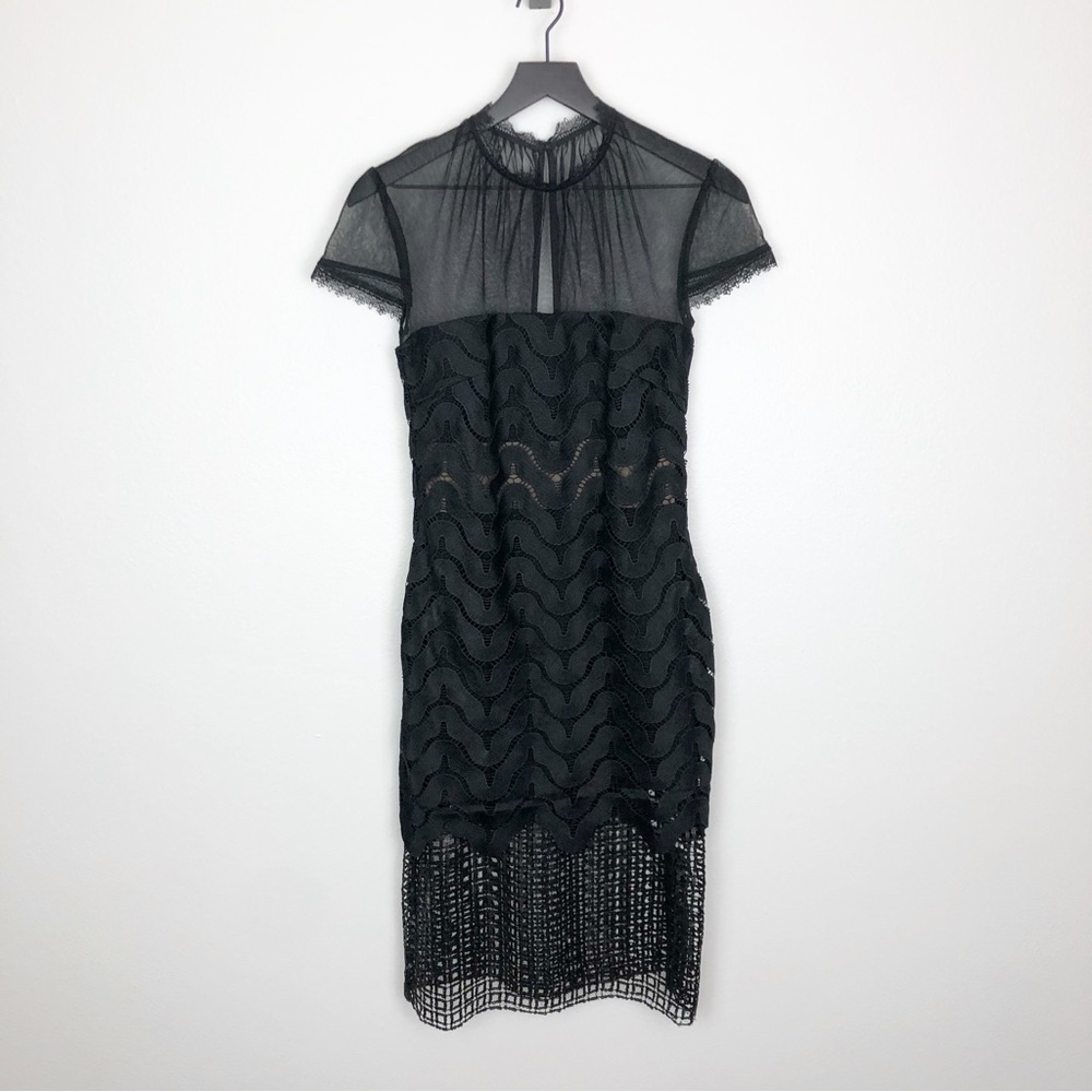 Self-Portrait Evie Black Illusion Short Sleeve Scalloped Lace Mini Dress